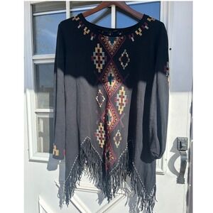 Double D Ranch Womens Medium Black Southwestern Beaded Fringe Aztec Festival